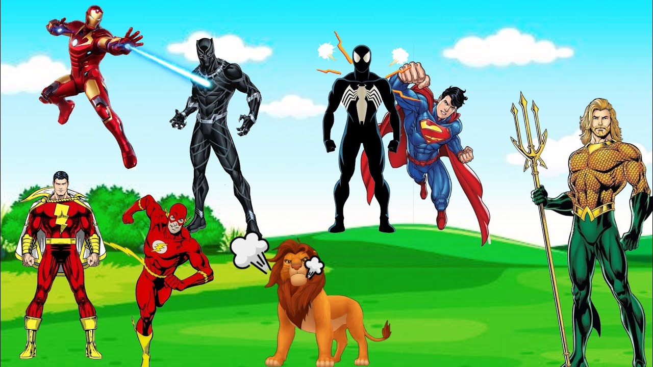 الاسد سيمبا/الابطال الخارقون ينقذوا الغابه من بلاك بانثر وسبايدرمان الأسود/شازام/فلاش/سوبرمان/حواديت