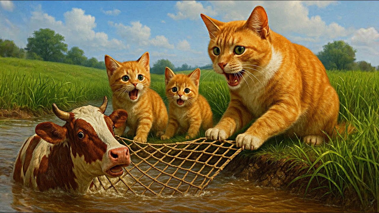 Mama Cat and Two Kittens Rescue Cow from Deep Water and Bring It Home 🐄🐱 | Heartwarming Animal Story