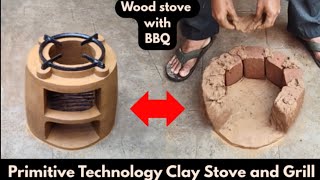 Primitive Technology Clay Stove and Grill Build Step-by-Step/Wood Stove with BBQ/Mitti ka chulha