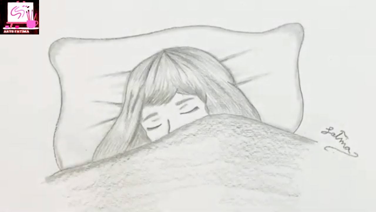 a girl sleeping on the bed  رسم فتاة نائمة في السرير