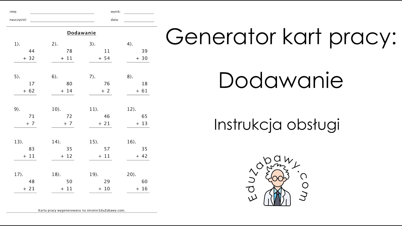 Generator kart pracy: Dodawanie - instrukcja obsługi