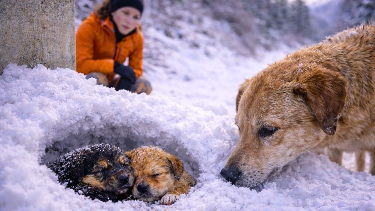 A Mother Dog Stood Guard in the Snow — Her Newborn Puppies Were in danger