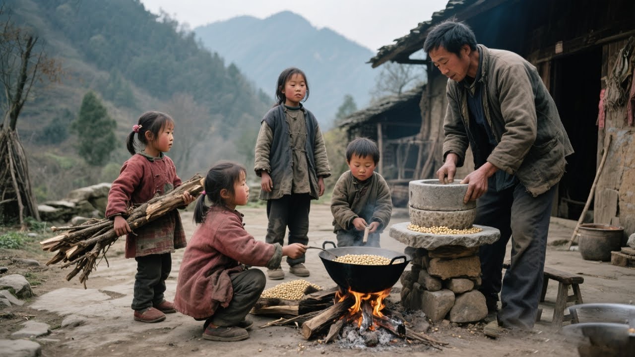 年幼孩子在家准备饭菜，迎接辛苦回家的爸爸，饭后主动收拾碗筷，还帮忙一起研磨黄豆