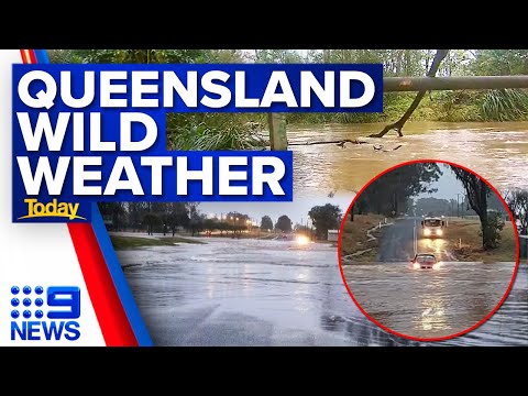 Heavy rainfall in Queensland eases but damaging winds remain | 9 News Australia