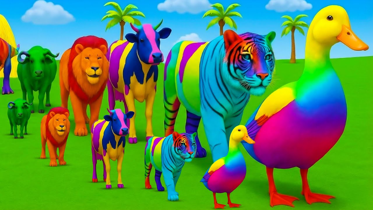 Long Slide Game with Colourful Duck Cow Tiger Gorilla Dog Elephant 3d Animal Game Funny 3d Animals