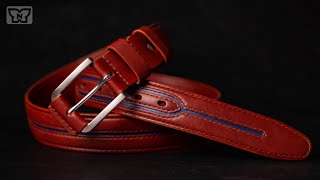 DIY leather belt with blue stripe Unusual design