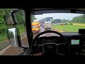 POV Truck & Trailer rainy drive, passing Huddinge C towards Jordbro, new gen Scania p450