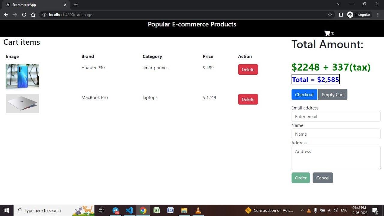 Ecommerce website using angular calculation of tax in bill cart part