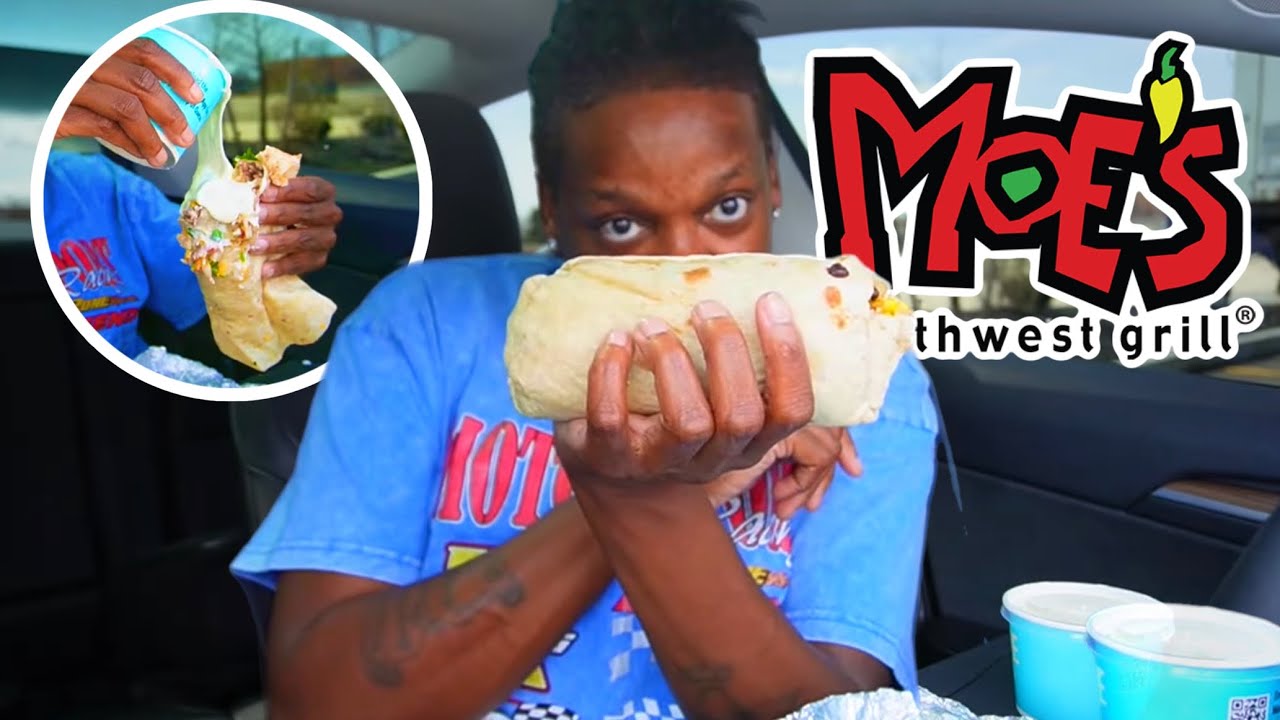 MASSIVE BURRITO DIPPED IN QUESO CHEESE! MOE’S SOUTHWESTERN GRILL‼️