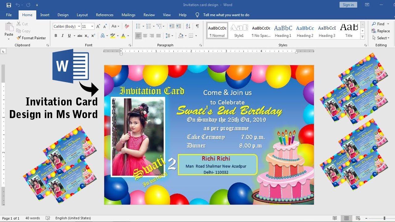 Birthday Invitation Card Design in ms word 2019~~Invitation card design ...