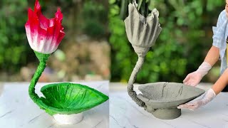 Unique and beautiful potted plants from cement and leaves