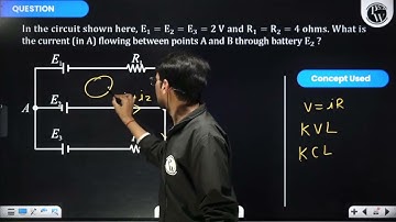 In the circuit shown here, \(E_1=E_2=E_3=2 \mathrm{~V}\) and \(R_1=R_2=\) 4 ohms. What is the cu....