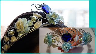 Handmade Flower Tiara with polymer clay roses &quot;Ocean heart&quot;. Diy headband crown