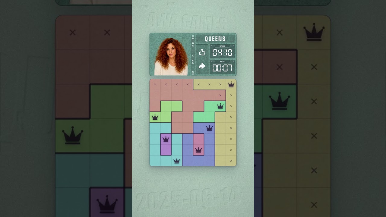 LinkedIn Queens #410 solved board for June 14, 2025, 8x8 grid
