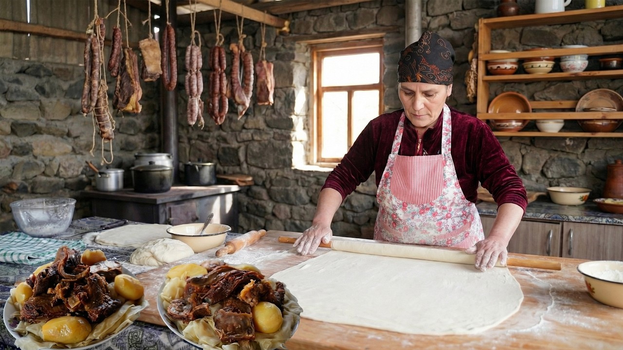 Бабушка готовит традиционное блюдо из теста с вяленым мясом | Рецепт из старинной деревни!