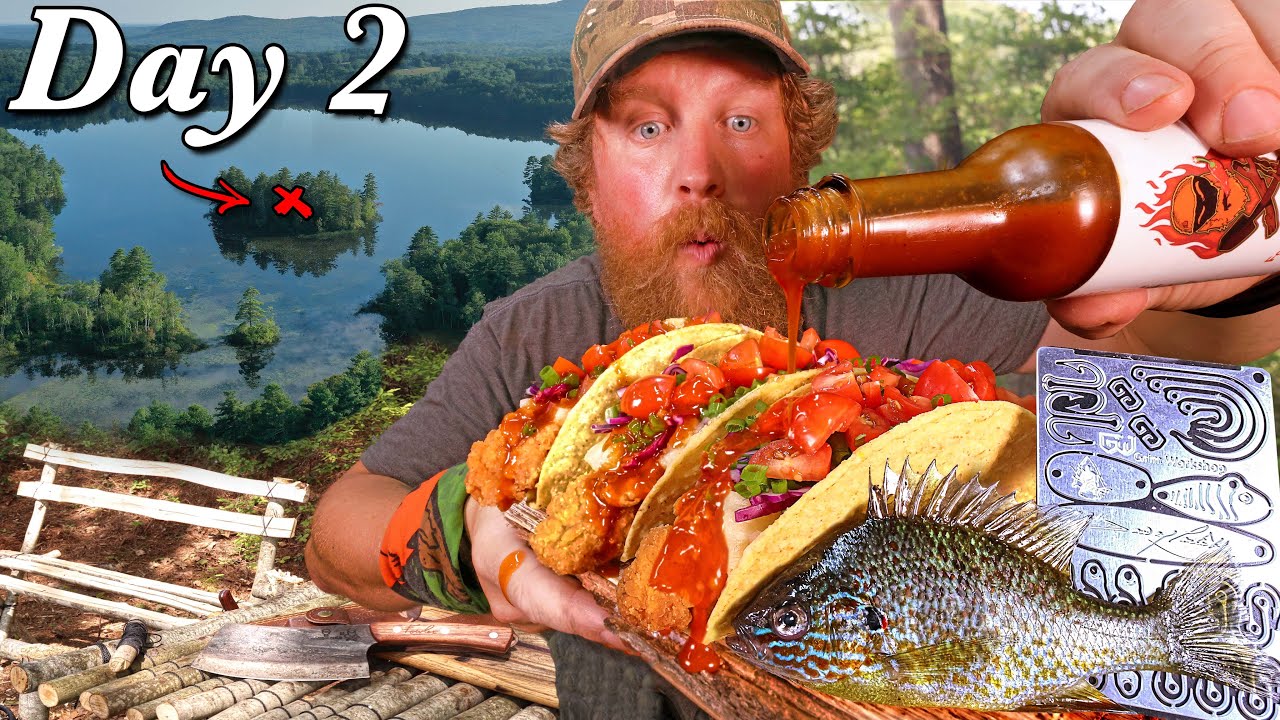 Catch and Cook With a Grim Survival Card - Day 2 of 7 Day Island Survival  Challenge Maine 