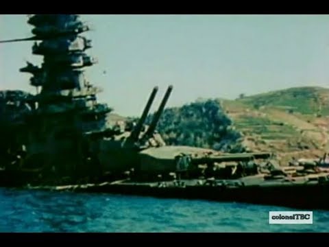 Heavily damaged Japanese battleship "Ise" in Kure harbor