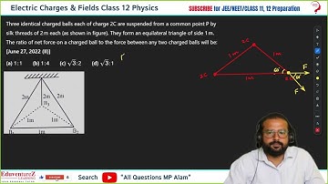 Three identical charged balls each of charge 2C are suspended from a common point P by silk threads