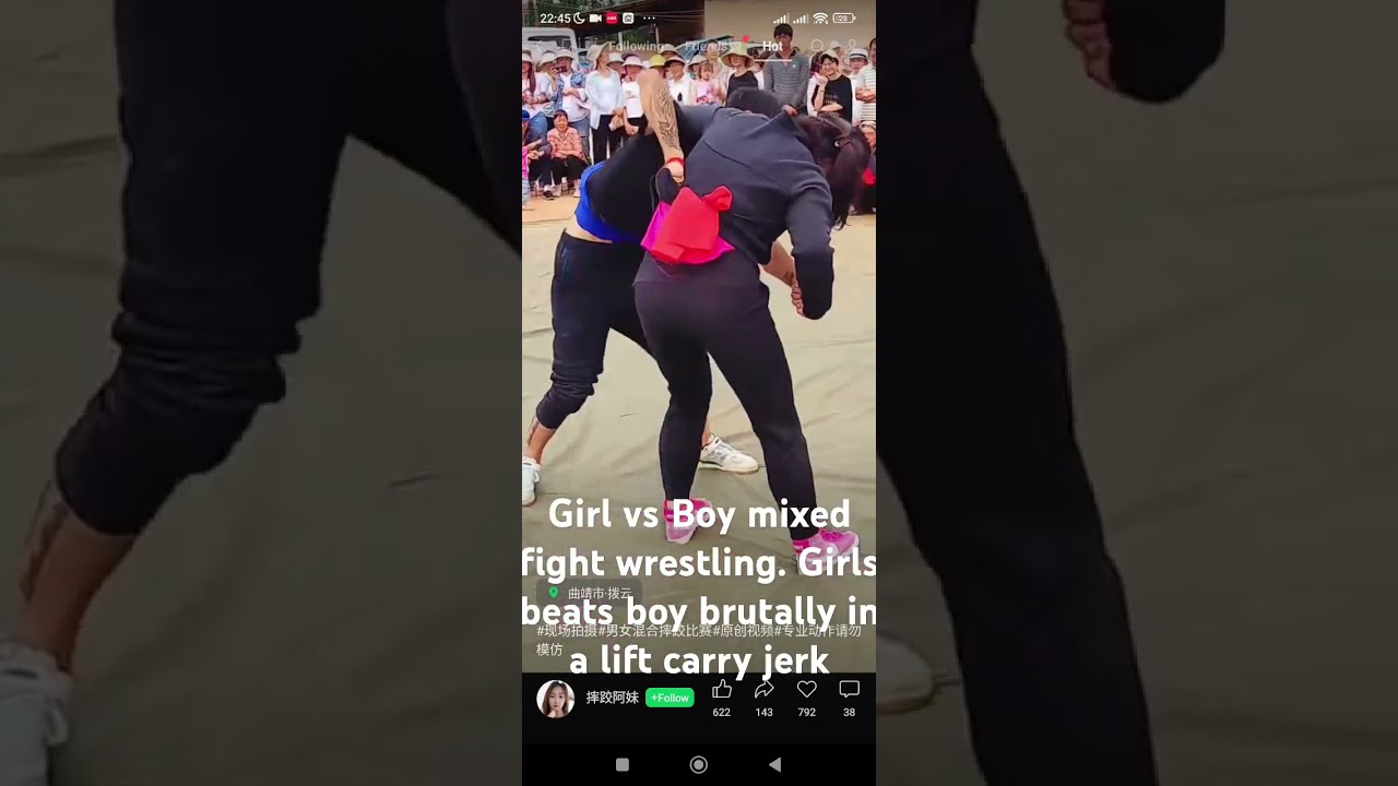 Girl vs Boy mixed fight wrestling. Girls beats boy brutally in a lift carry jerk