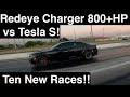 Redeye Charger 800+HP vs Tesla S, 3 times!!! More Trailered Beasts doing wheelies!! Ten total runs!