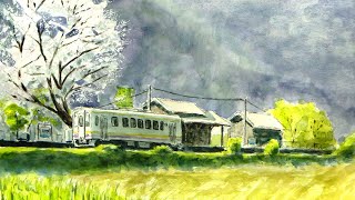 春、桜とローカル線　（透明水彩風景画） JR因美線、美作滝尾駅　  spring 【Watercolor】
