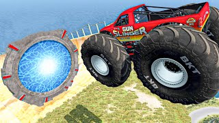 Monster Trucks Cars Bus vs Crazy Downhill Ramp - Big & Small Car Crashes Fails Rollovers