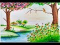 How to draw scenery of beautiful spring season step by step  easy  for kids