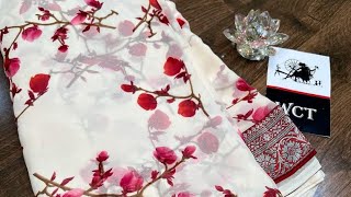 Soft and Lite weight  pure floral print Georgette sarees with attached weaving silver border screenshot 3