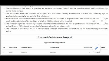 fifth merit list of all BS programs MNS university of agriculture multan 2021
