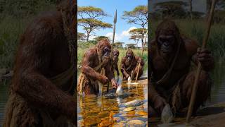 🌊 Humanoid Neanderthals Fishing — Ape-like Facial Anatomy. #prehistoriclife #africa #ancientsurvival
