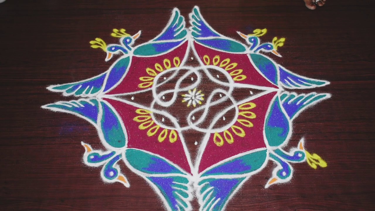 Easy Peacock birds kolam with dots 5 dots design rangoli Festival
