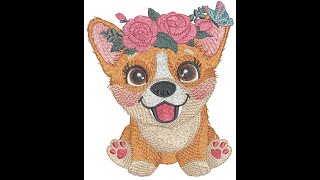 Sew simulator Corgi with flower wreath embroidery design