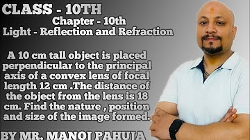 A 10 cm tall object is placed perpendicular to the principal axis of a convex lens of focal length