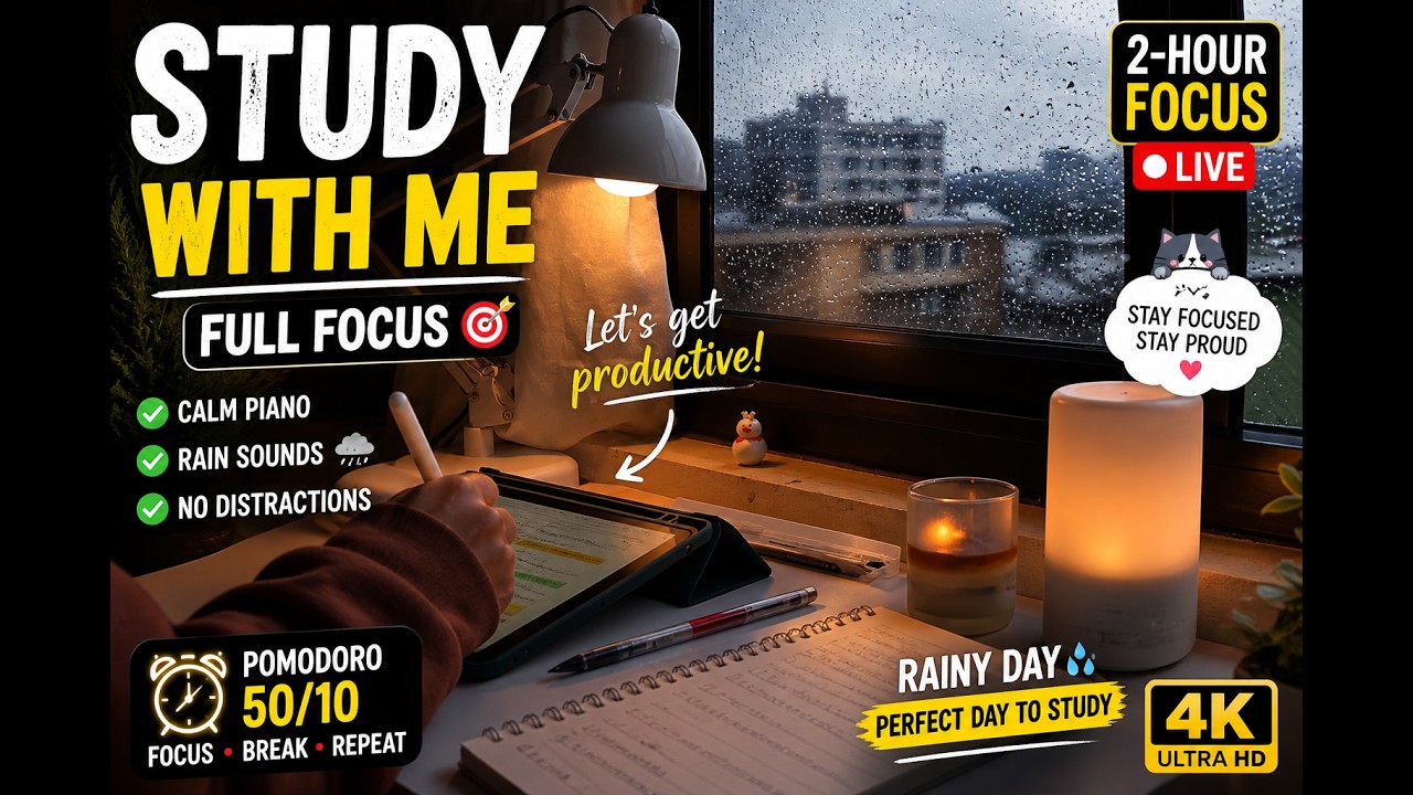 2 Hour Deep Focus Session 📚🌧️ Calm Piano | Pomodoro 50/10 (4K) - YouTube