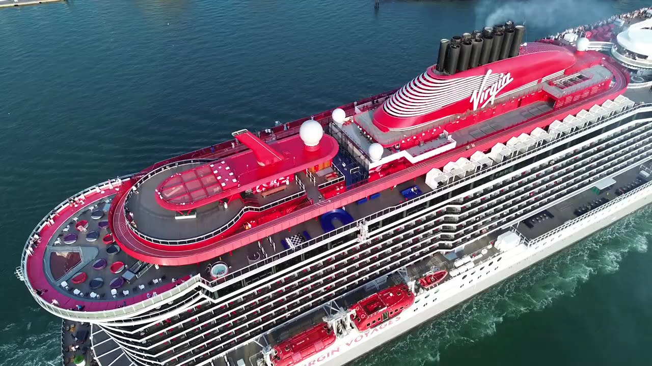 Amazing drone footage - VIRGIN VOYAGES 'RESILIENT LADY' departing Portsmouth harbour 30th August 24