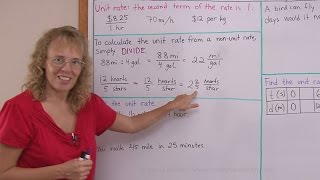 How to find the unit rate, including with fractions (pre-algebra lesson)
