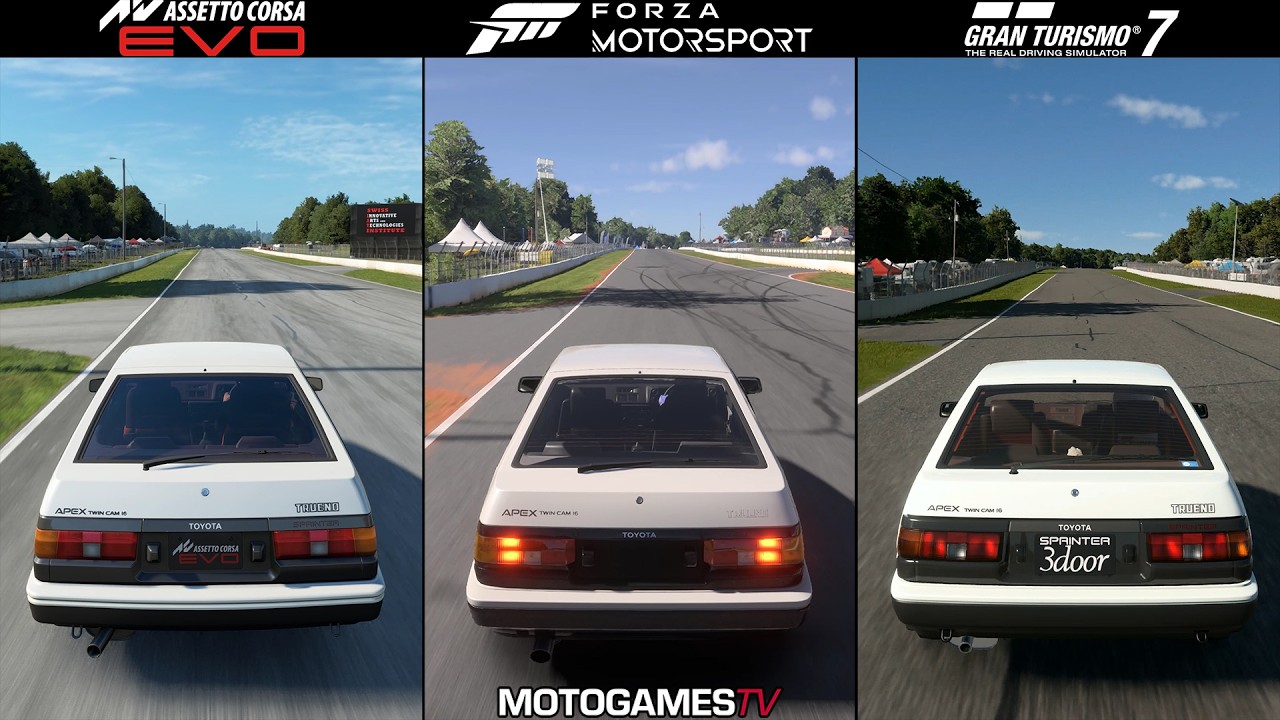 Assetto Corsa EVO vs Forza Motorsport vs Gran Turismo 7 - Toyota AE86 at Road Atlanta