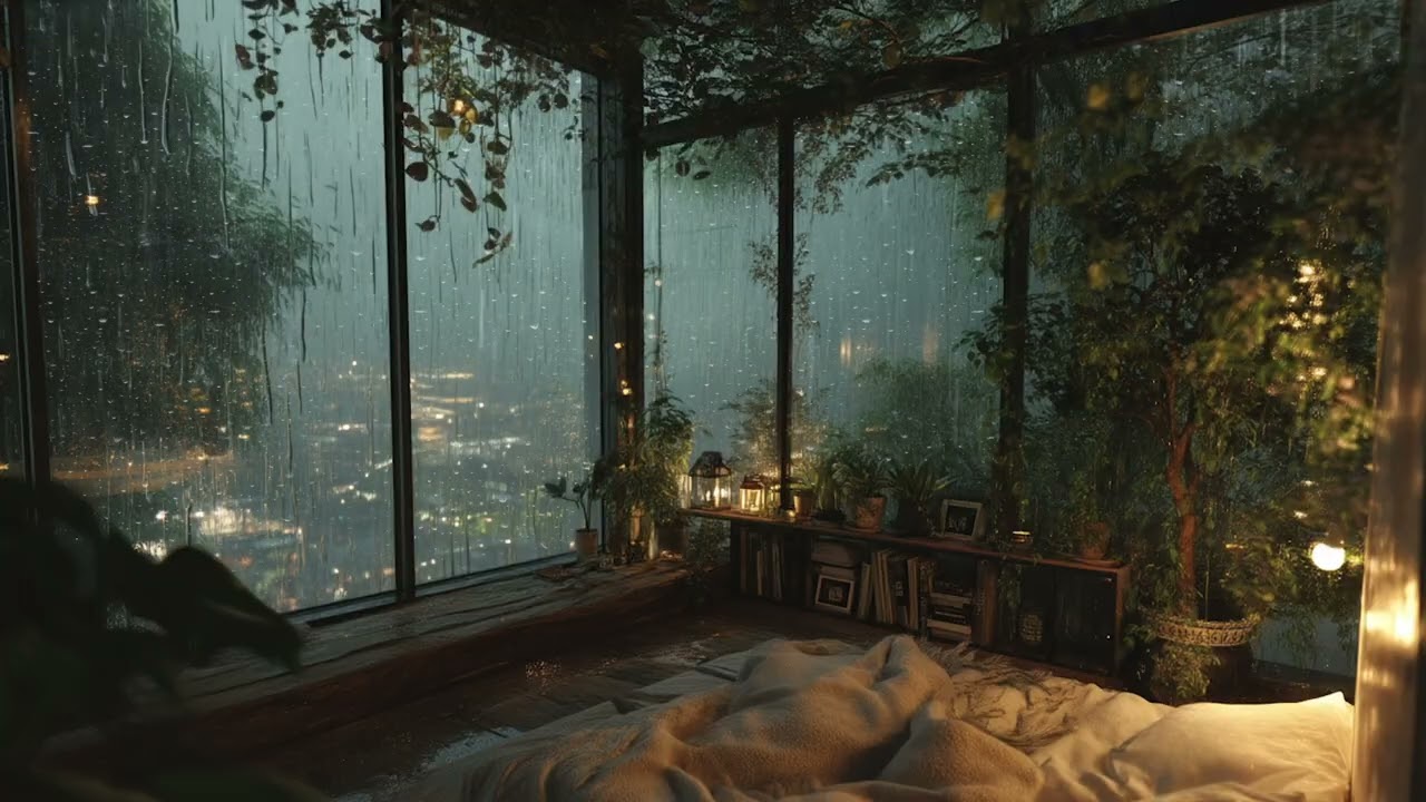 Relaxing with Annie in a High-Rise Glass Apartment 🌧️⚡ | City Thunderstorm, Luxury Rain Ambience