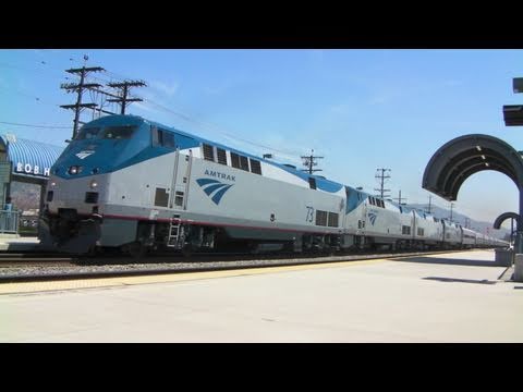 I missed a Union Pacific Autorack by 30 seconds but caught some interesting train at the end. at Burbank Airport station, Burbank, California on 4/15/1 1) Amtrak Pacific Surfliner with AMTK 457(10th Anniversary unit) 2) Amtrak Coast Starlight #14 (AMTK 161, 510, a PV on the rear) 3) Amtrak special train 974, AMTK 73, 74, 12, 75 and 24 cars!