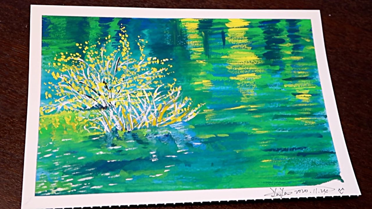 芳香疗愈」+治愈系基础不透明水彩画湖面| 标示配色方式| Acrylic