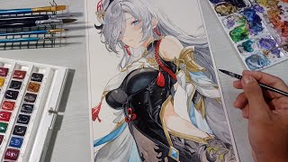 drawing shenhe using gouache and watercolor ai art version || watercolor painting