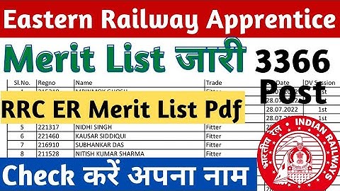 Eastern Railway Kolkata Apprentice Merit List 2022 जारी, RRC ER Apprentice Merit List 2020-21