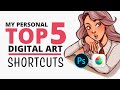 👑 TOP 5 digital art SHORTCUTS that I use religiously 👑 (Photoshop + Medibang) Art Tips!