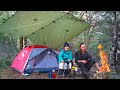 Tent camping in the rain   cozy campfire cook