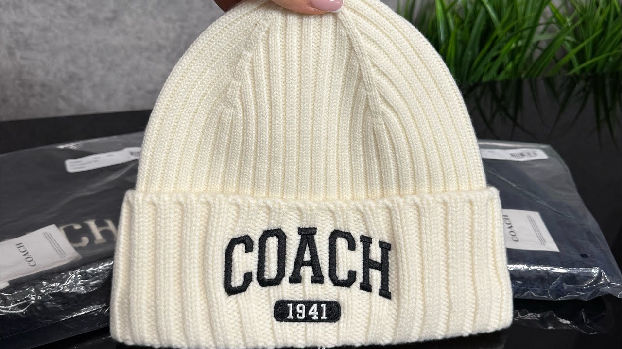 Coach Varsity Embroidred Knit Beanie Hat Chalk White 1941 Logo NWT Coach 1941 Embroidered Knit Beanie Wool CU806 Chalk  main image 3