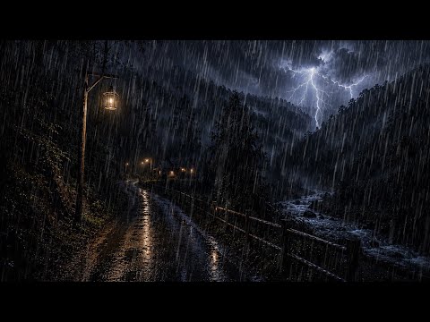 Soothing sounds of heavy rain & thunder on a dark forest road|Rain sounds for deep sleep, relaxation