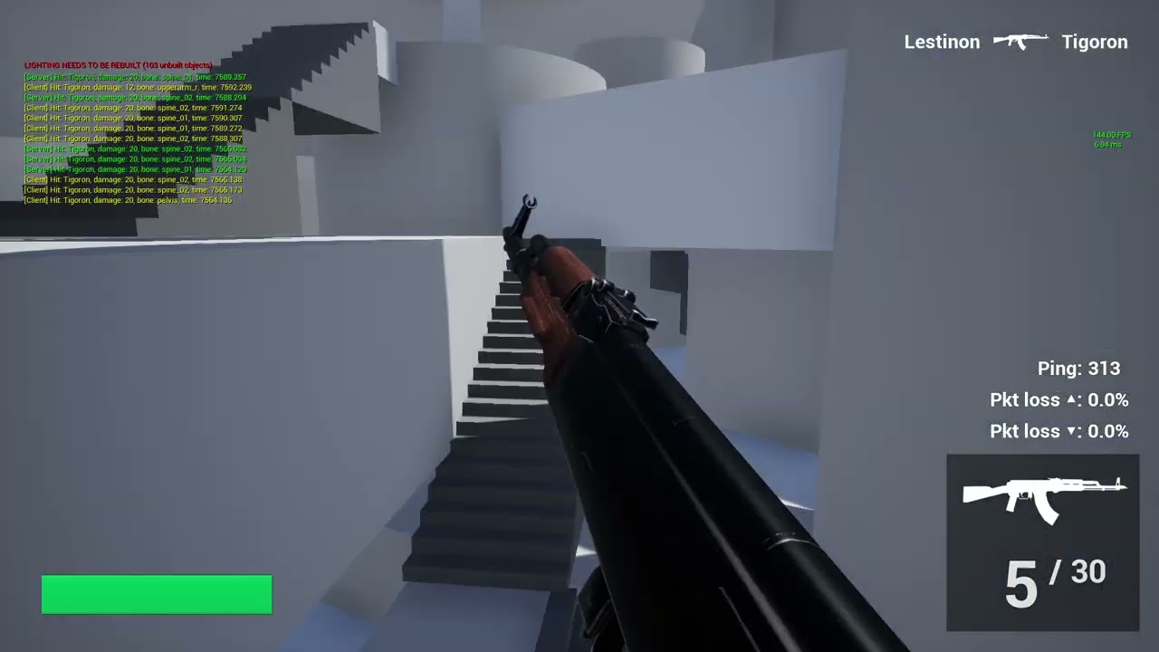 Unreal Engine lag compensation + server-side hit detection test (300 ms ping, 10 Hz server tickrate)