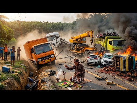 Detik Detik Terjadi Insiden Beruntun 4 Mobil || Truck Terbalik Dan Dukun Turun Tangan Evakuasi Truck