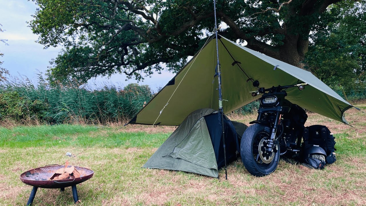 Solo Motorcycle Camping With My Harley Davidson, Rain, Tarp Shelter, Campfire Cooking