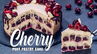 Cherry Puff Pastry Cake with Caramelized White Chocolate Frosting